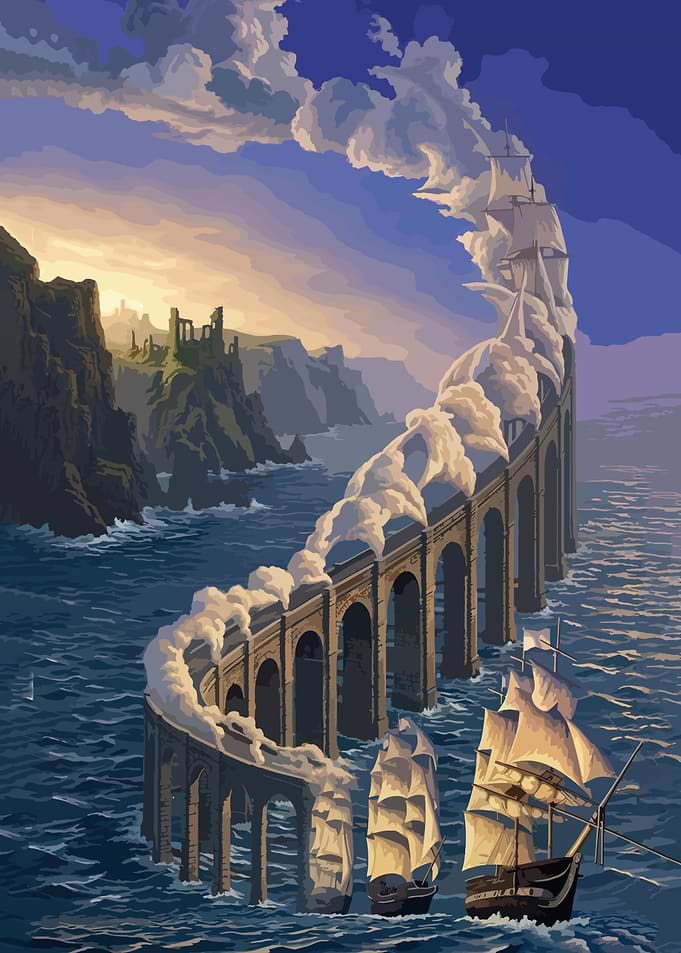 Surreal Sailing Ship Bridge Landscape