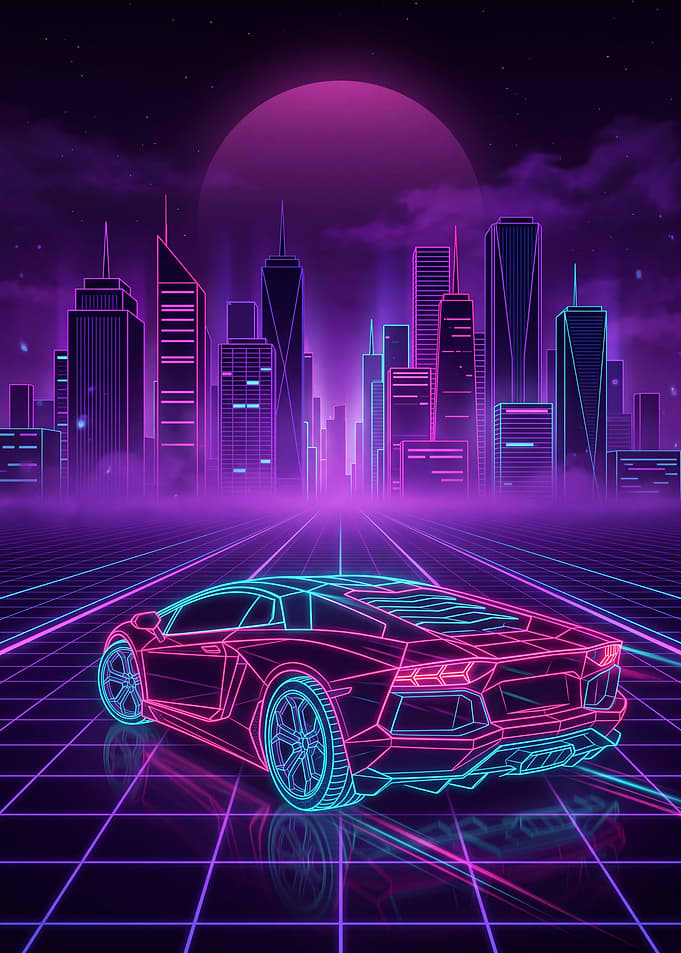 Neon Synthwave Sports Car Cityscape
