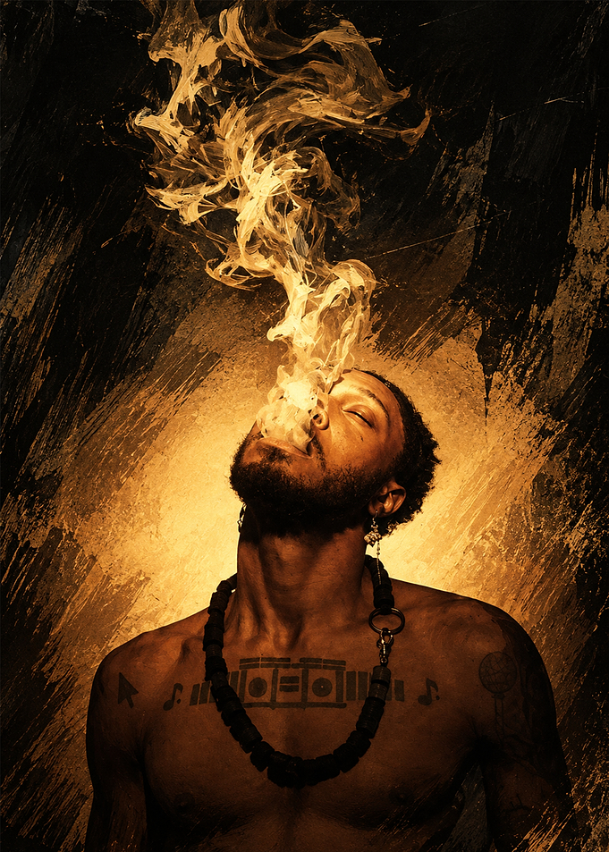 Man Exhaling Golden Smoke Portrait