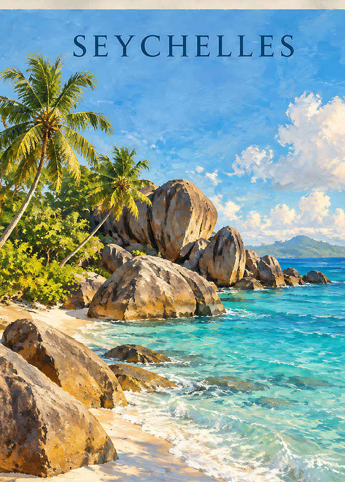 Seychelles Tropical Beach Travel Poster