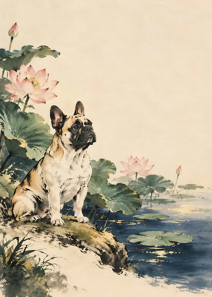 French Bulldog by Lotus Pond