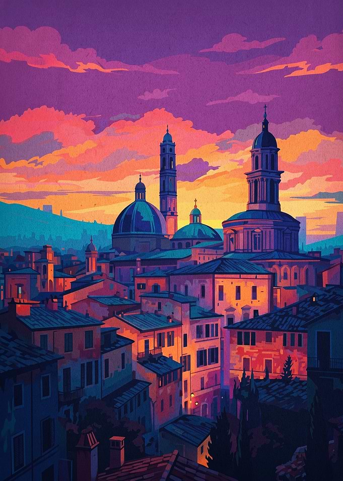 Italian City Sunset Retro Art