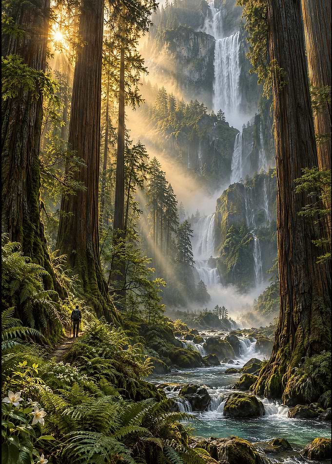 Hiker in a Misty Forest Waterfall