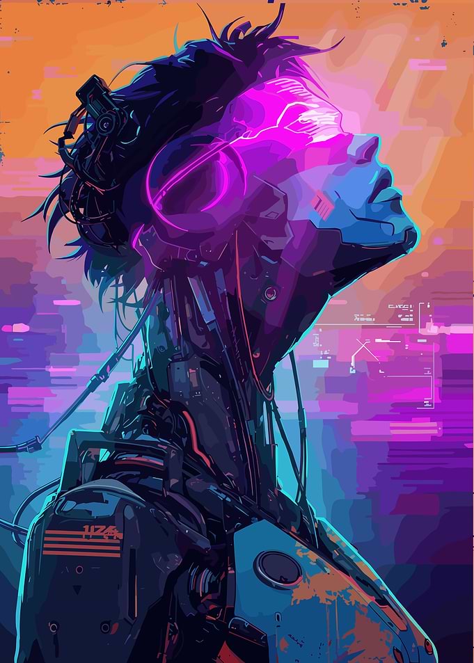 Cybernetic Humanoid Portrait in Neon