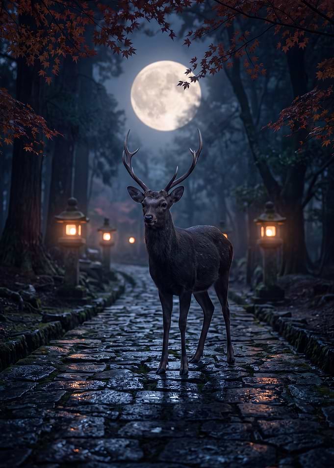 Deer in Nara Under the Moonlight