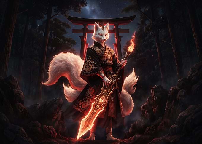 Kitsune Warrior with Flaming Sword