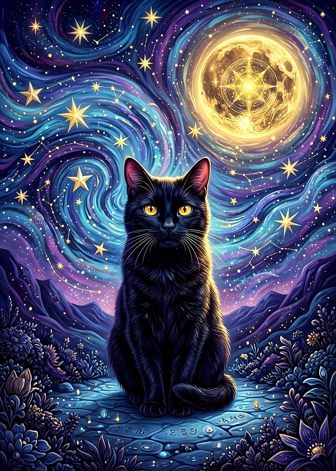 Mystical Black Cat Under Starry Sky
