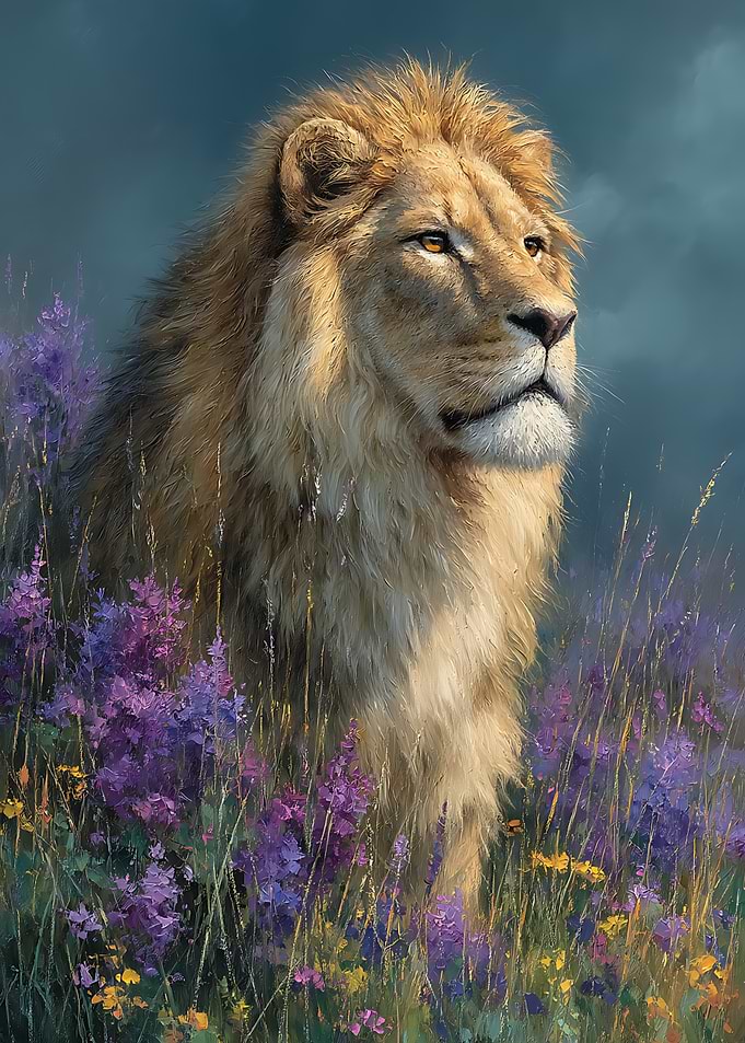 Majestic Lion in Wildflower Field