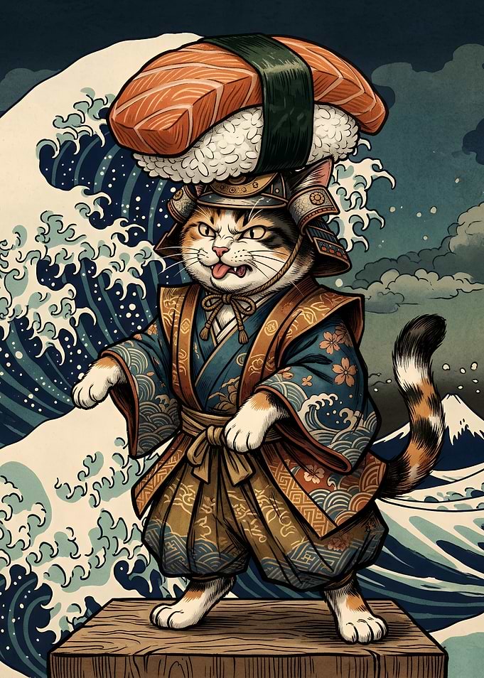 Samurai Cat with Sushi Hat
