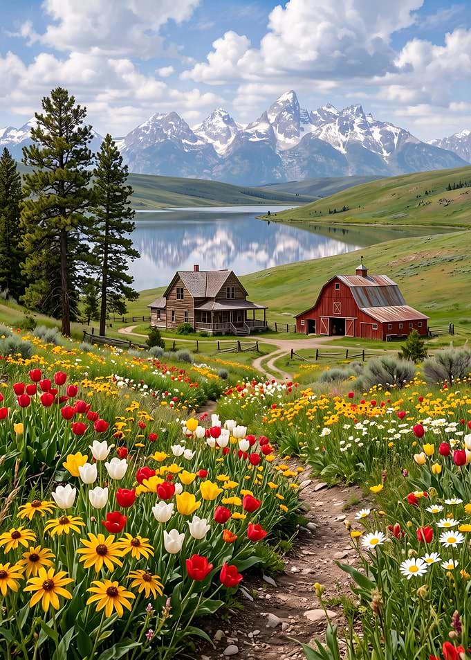 Mountain Farmhouse with Wildflower Meadow