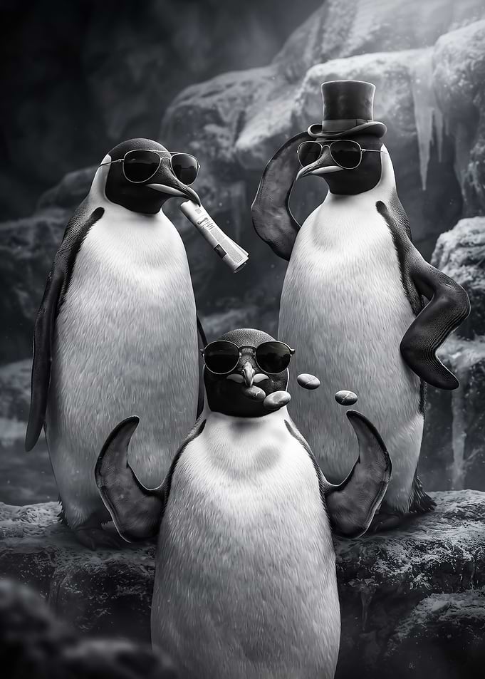 black and white Cool Penguins Wearing Sunglasses poster