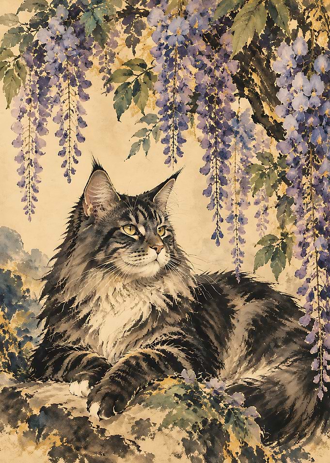 Maine Coon Cat Under Wisteria Flowers