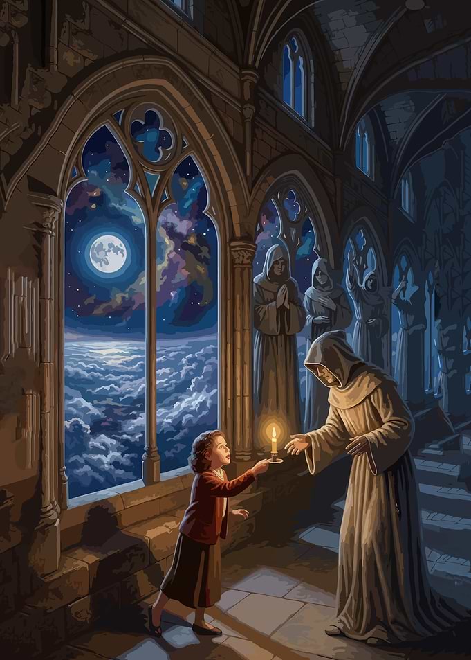 Child Offering Candle to Monk
