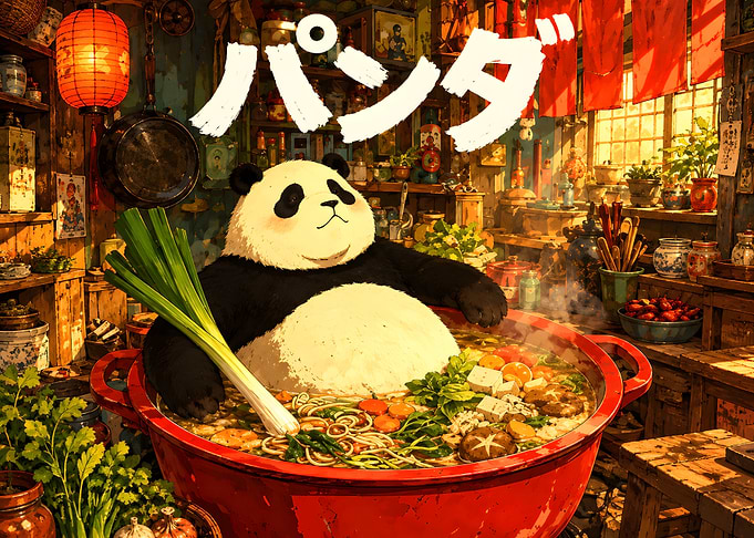 Panda Cooking Ramen in Kitchen