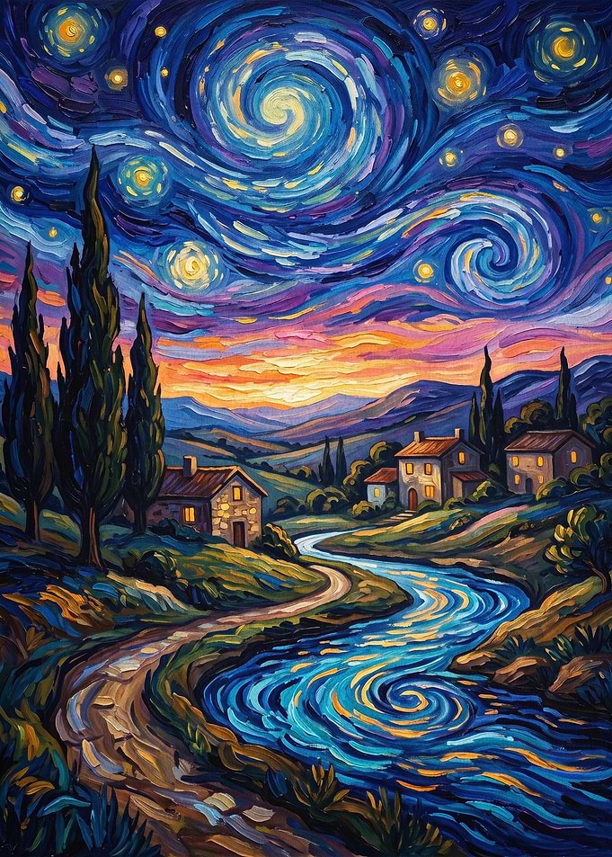 Starry Night Village Oil Art