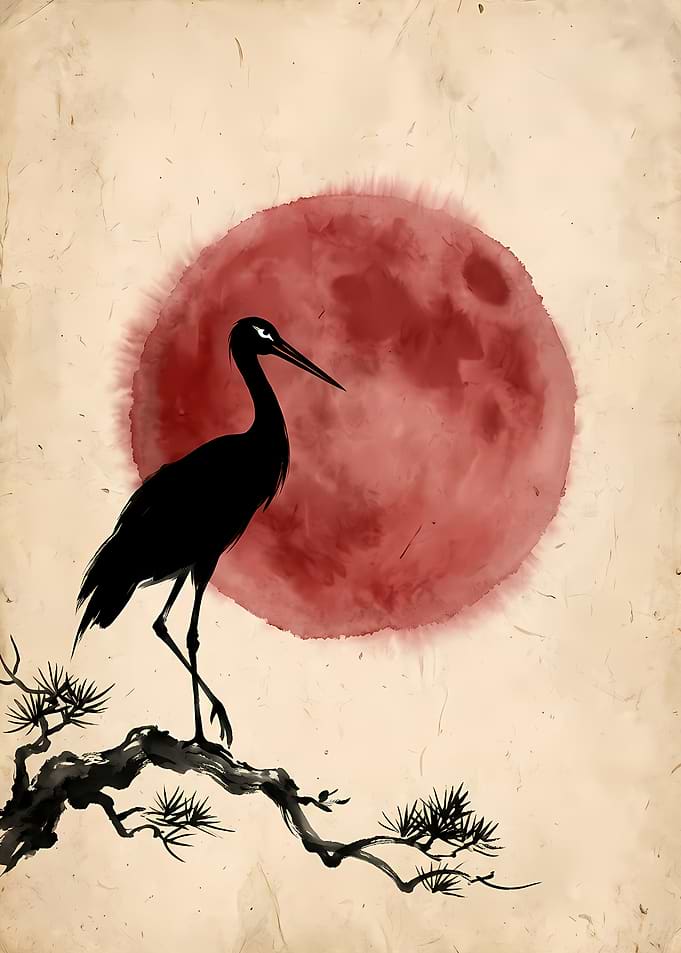 Japanese Crane Silhouette with Red Sun
