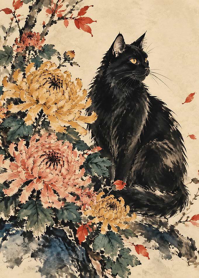 Black Cat with Chrysanthemums Ink Painting