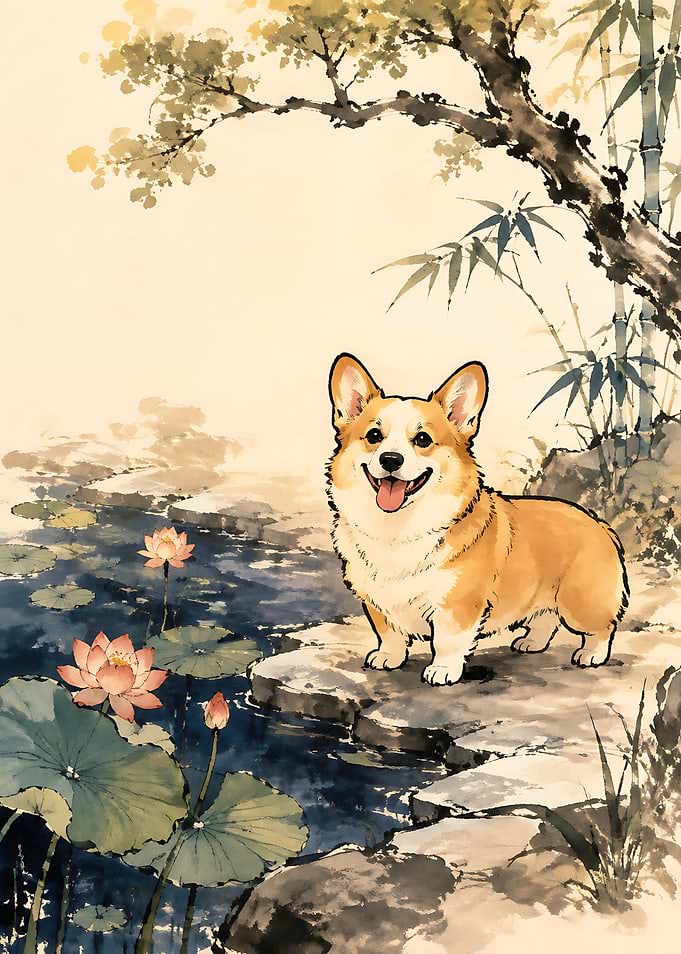 Corgi by a Lotus Pond
