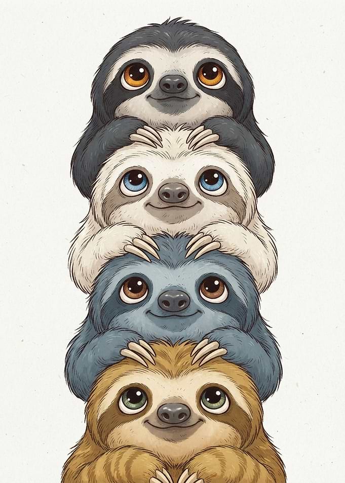 Stack of Four Cute Sloths