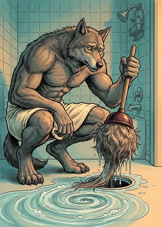 Werewolf Unclogging a Shower Drain