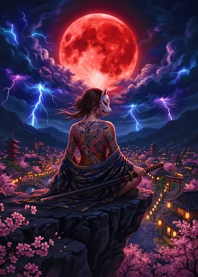 Kitsune Mask Samurai Under Red Moon