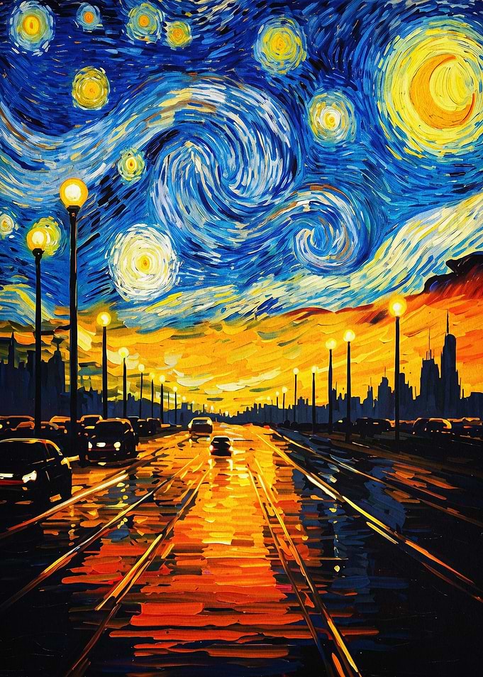 Starry City Highway Impasto Art