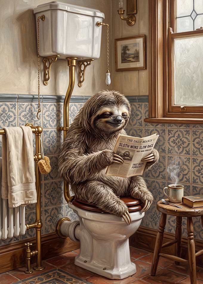 Sleepy Sloth Reading Newspaper on the Toilet