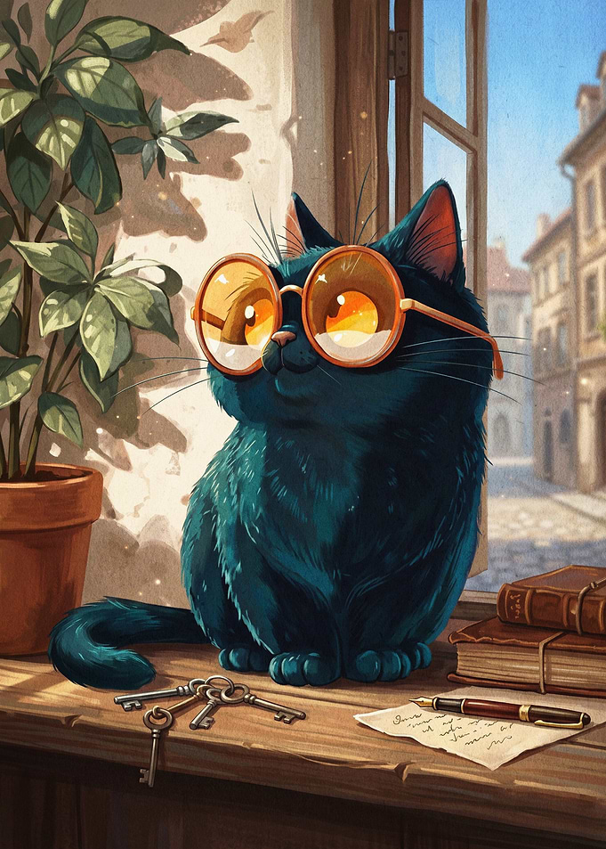 Wise Cat Glasses Cozy Reading Art