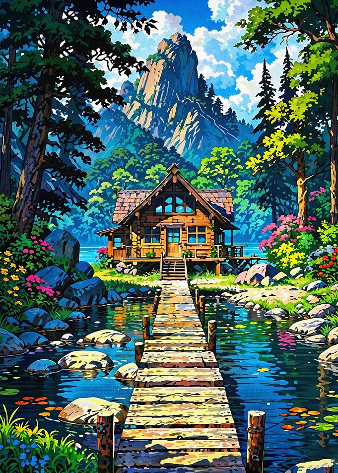 Cabin Pier Mountain Landscape Art
