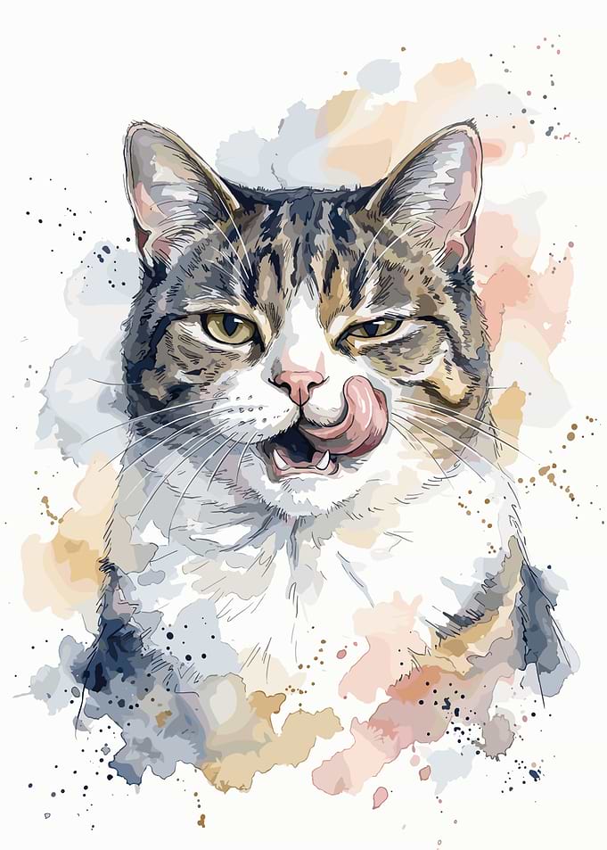 Watercolor Portrait of a Licking Cat