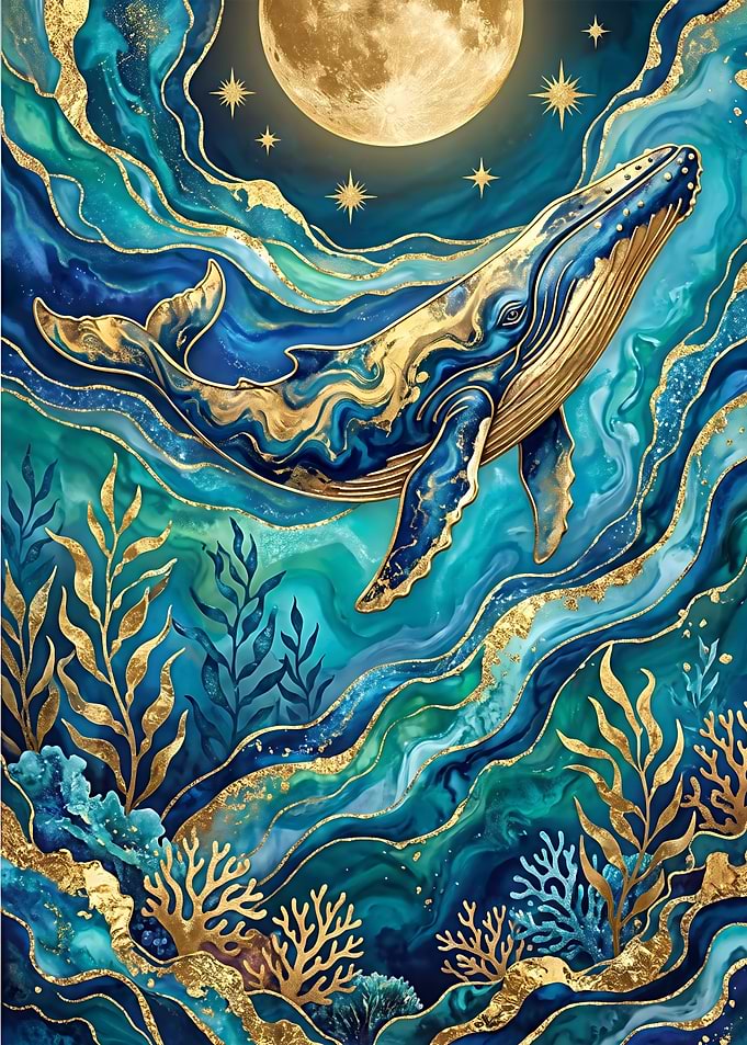 Golden Whale in Teal Ocean
