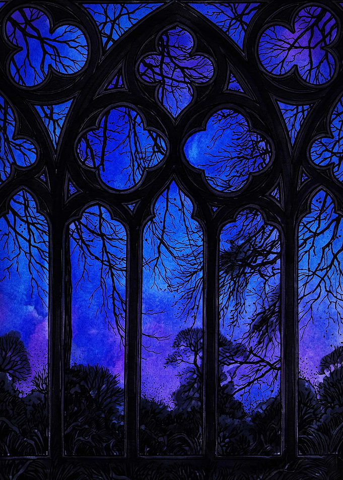 Gothic Window View of Night Forest
