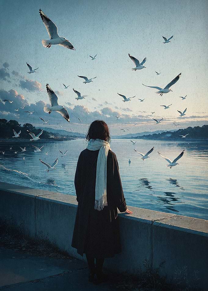 Girl Seagulls Coastal View Art