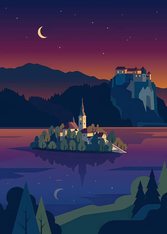 Lake Bled at Night Illustration