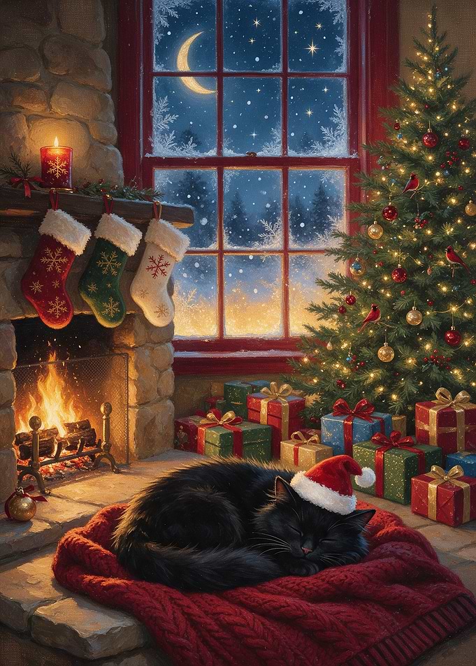 Cozy Christmas Cat by Fireplace