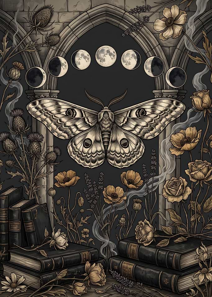 Gothic Moth and Moon Phases Illustration