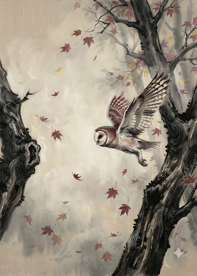 Barn Owl Flying Through Autumn Forest