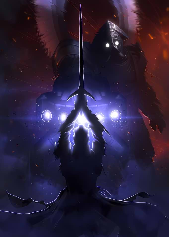 Winged Knight Facing Giant Mech