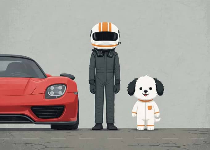 Race Car Driver and Puppy Companion