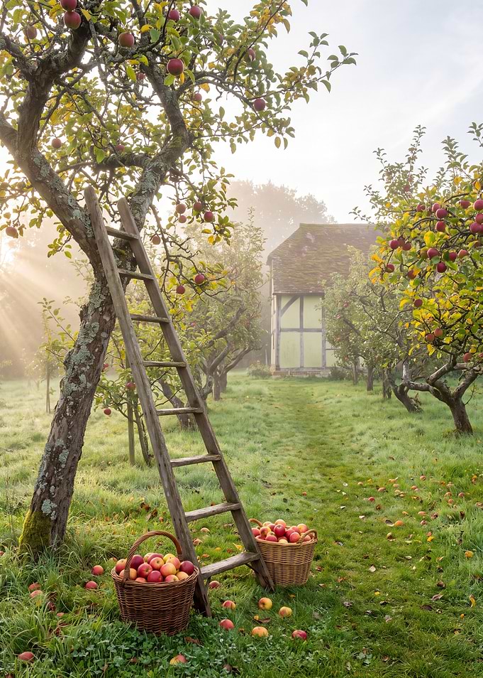 Misty Apple Orchard Harvest Morning