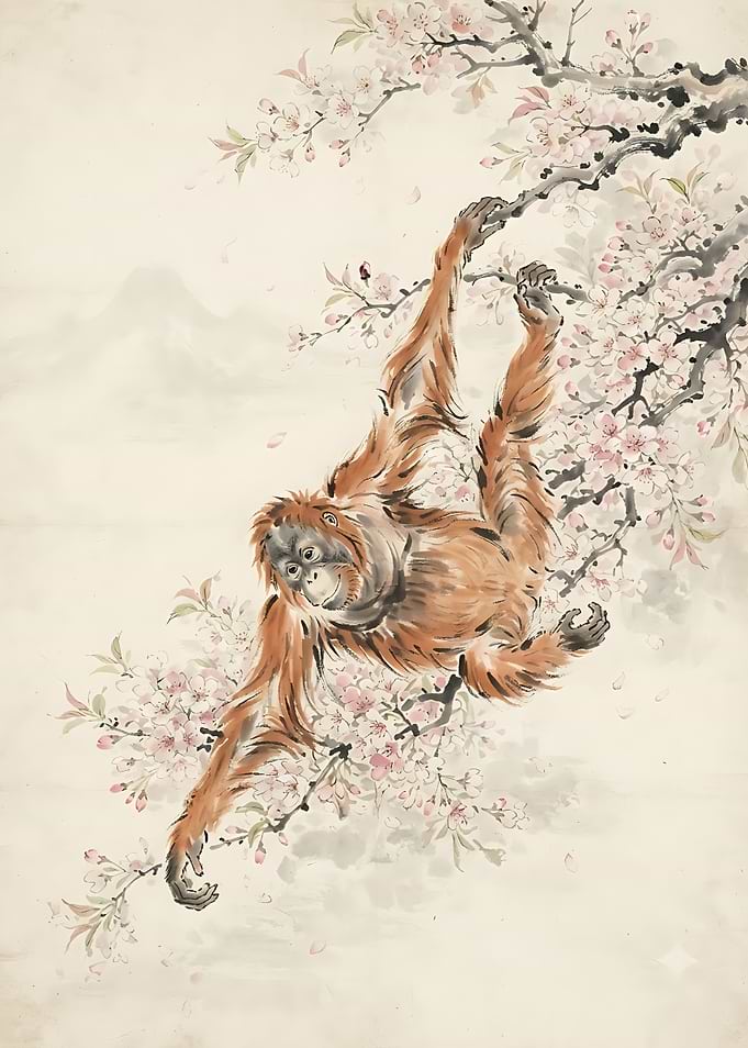 Orangutan Hanging from Cherry Blossom Branch
