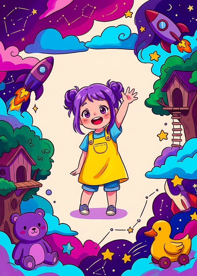 Cute Girl in Whimsical Space World