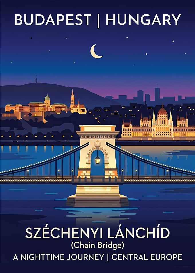 Budapest Chain Bridge Night Travel Poster