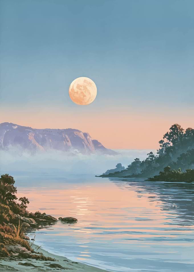 Full Moon Over Misty Lake Landscape