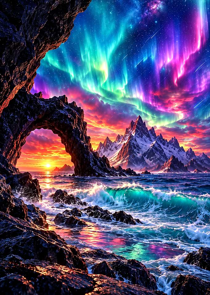 Vibrant Aurora Over Rocky Coastal Mountains