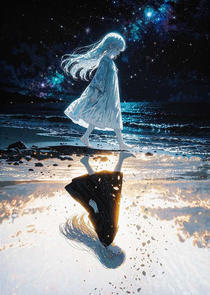 Starry Girl Beach Reflection Art