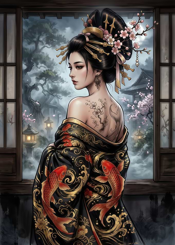 Elegant Geisha with Koi Kimono