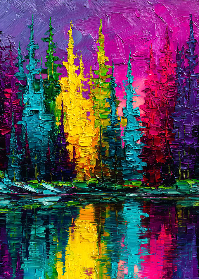 Vibrant Impasto Forest Reflected in Neon Lake