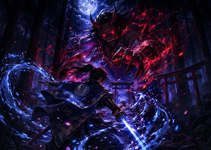 Samurai Battling Oni Demon