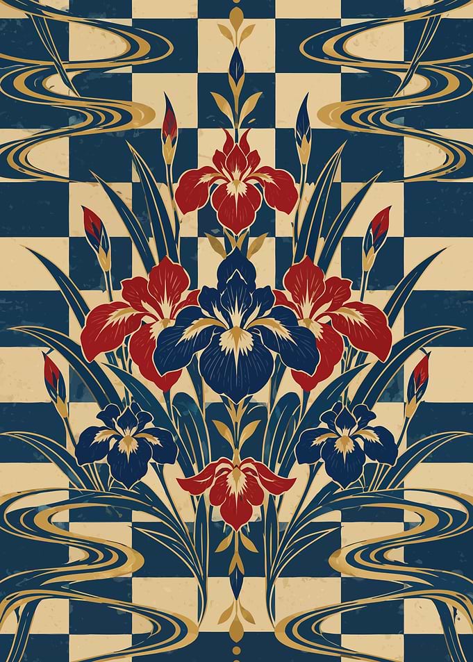 Japanese Art Poster: Iris and Checkerboard Pattern, Limited Colors